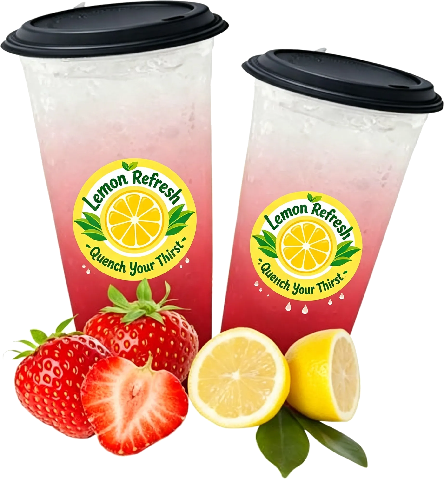 Two Lemon Refresh cups of a pink iced drink with black domed lids, with fresh strawberries and halved lemons in front of them