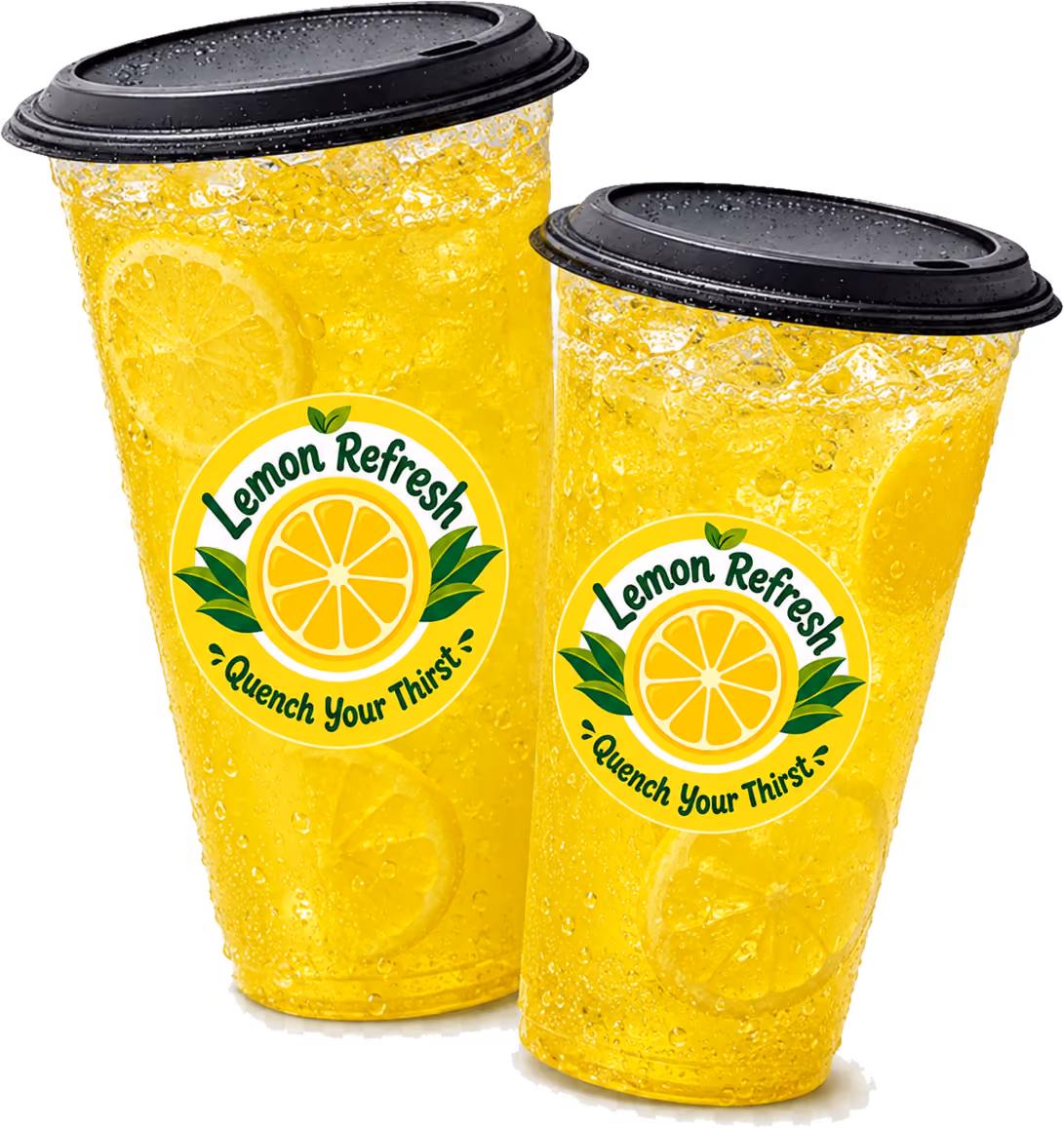 Two Lemon Refresh cups of Classic Lemonade, a Large and an Extra Large, filled with ice